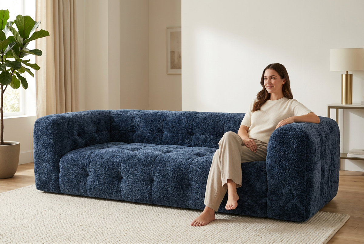Canapé K-30 bleu dans un salon avec une personne assise