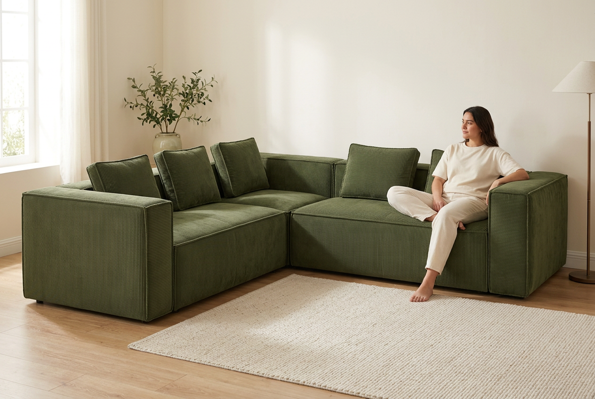 Canapé K11 vert olive dans un salon avec une personne assise