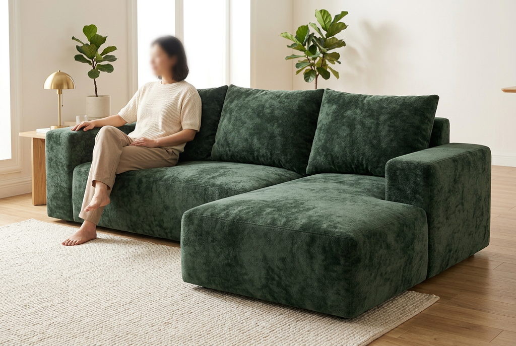 Canapé K28 vert dans un salon avec une personne assise
