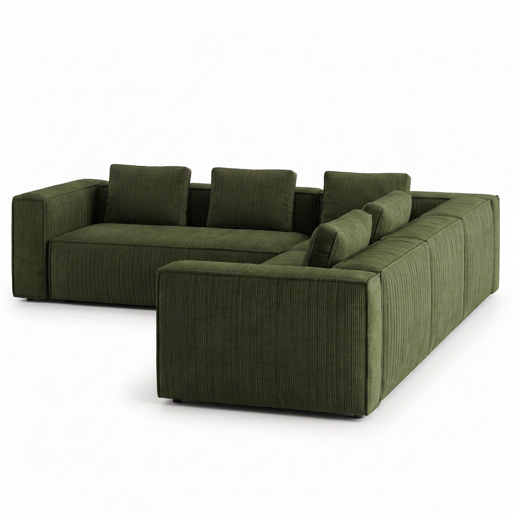 Canapé vert olive sans le dernier coussin de la rangée de droite