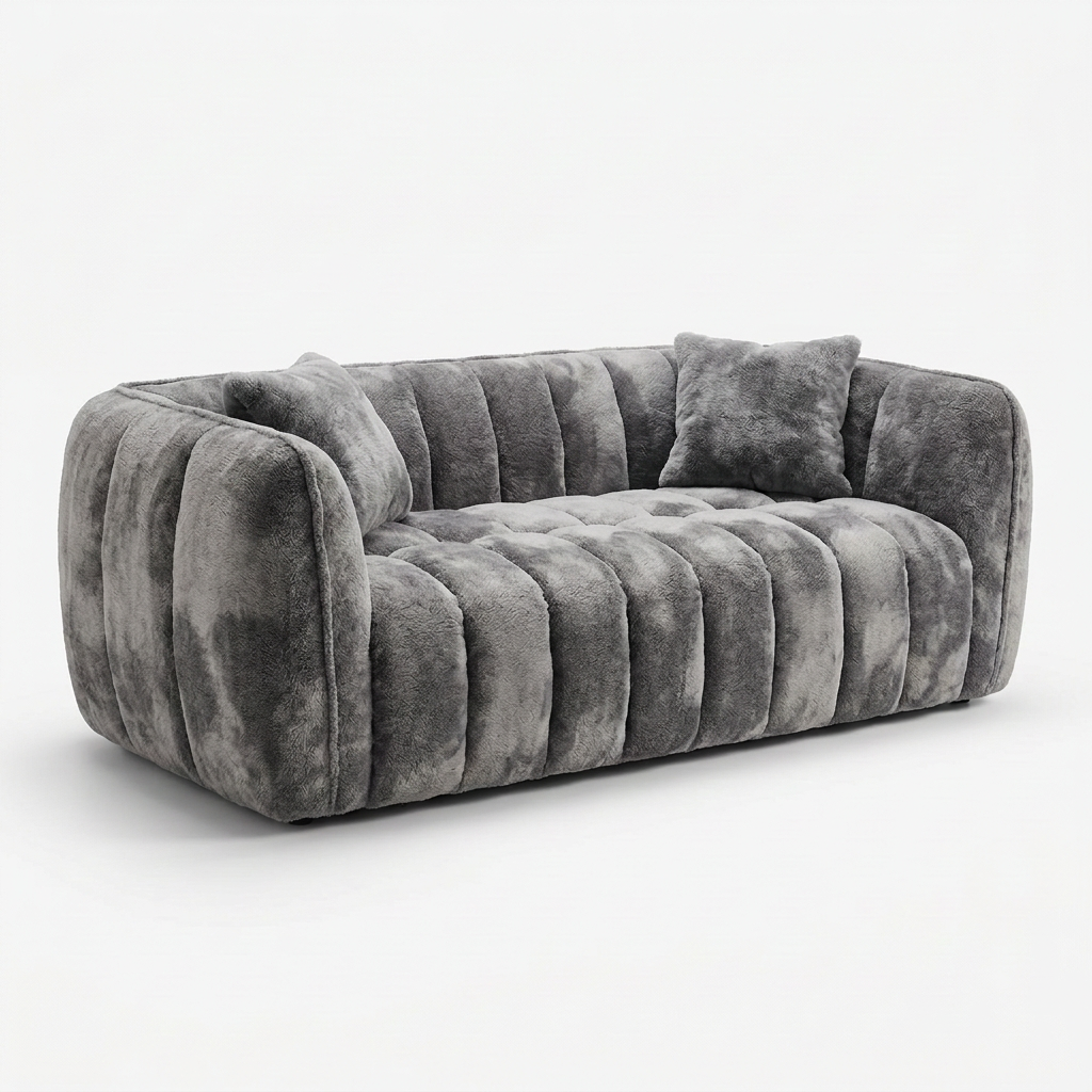 Vue trois-quarts gauche avec deux coussins gris assortis